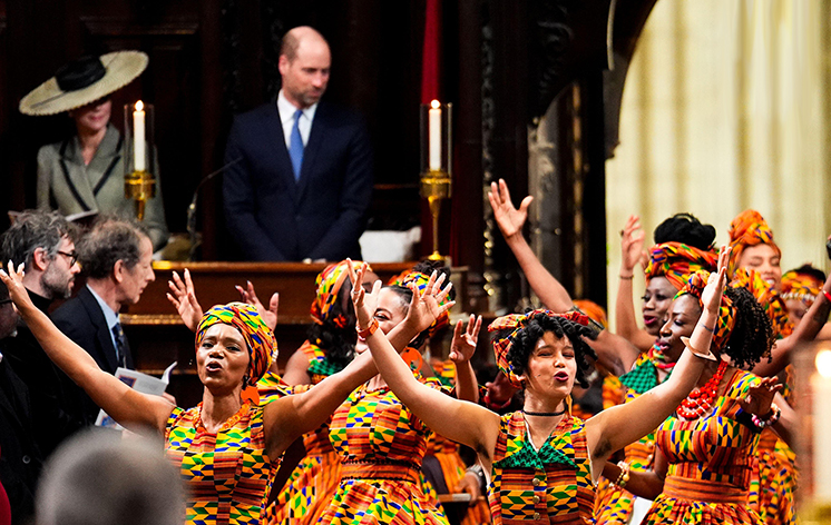 3E466JK The African Choir of Norfolk singing in the Nave during the Enthronement Ceremony installing Archbishop of Canterbury Dame Sarah Mullally as the 106th Archbishop of Canterbury, at Canterbury Cathedral in Kent.